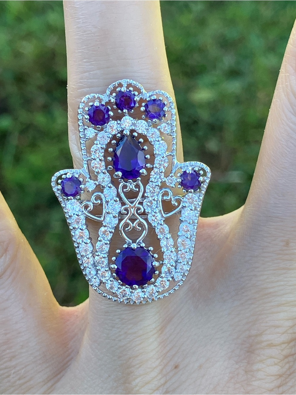 African Amethyst Sterling Silver Hamsa Ring Size 7